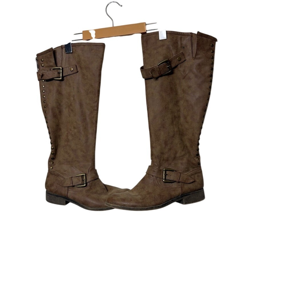 SHI‎ by Journeys Brown Tall Riding Boots Studded Buckle Distressed Boho Moto 9